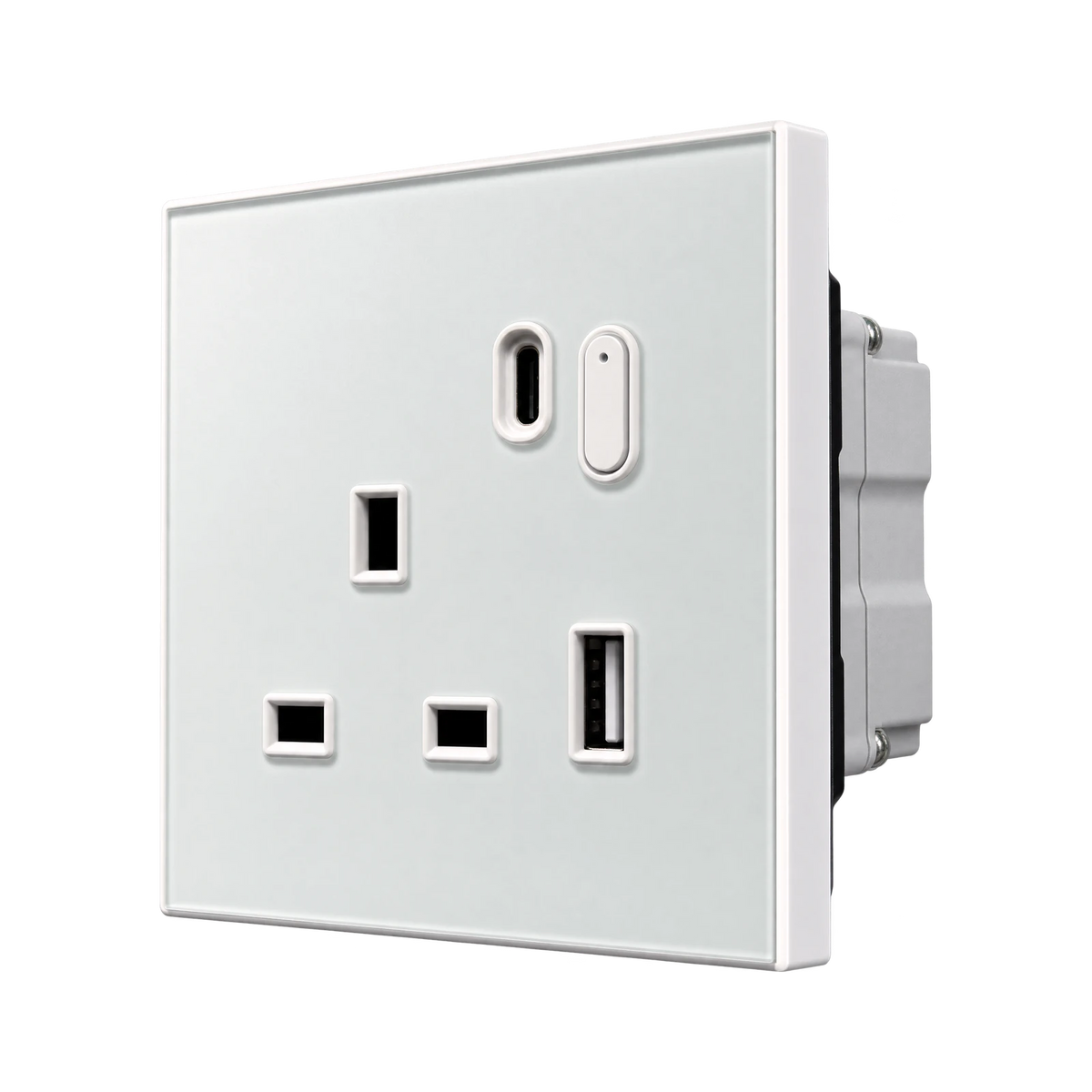 The white glass smart socket at an angle, showing the depth of its plate and the module behind it