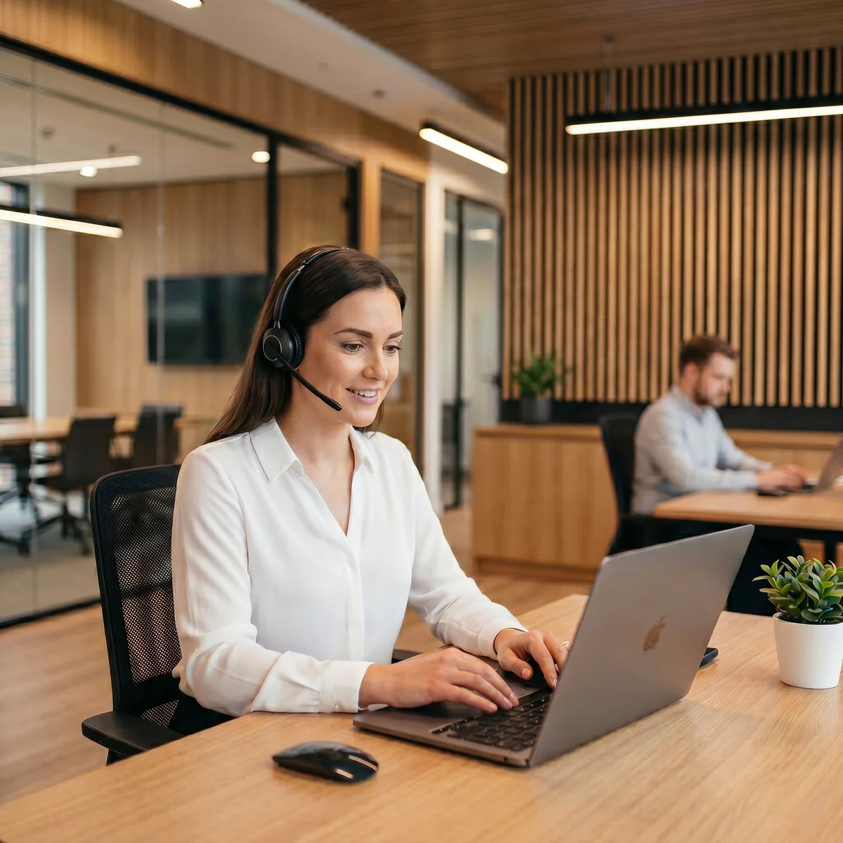A member of the Aura Smart support team wearing a headset, working at a laptop