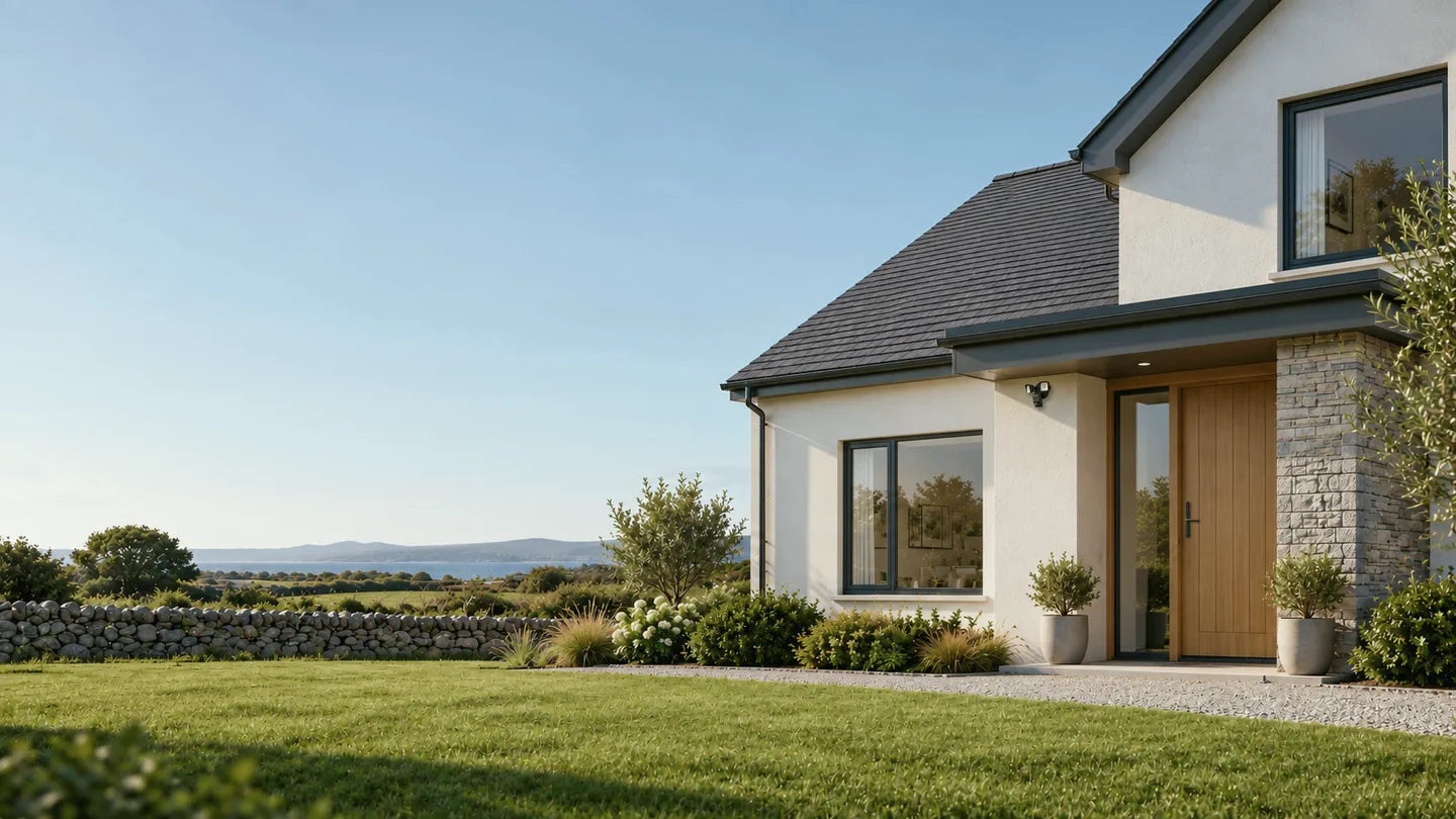 A white rendered home with an oak front door, a stone pillar and a floodlight camera under the porch, on a bright morning by the Irish coast