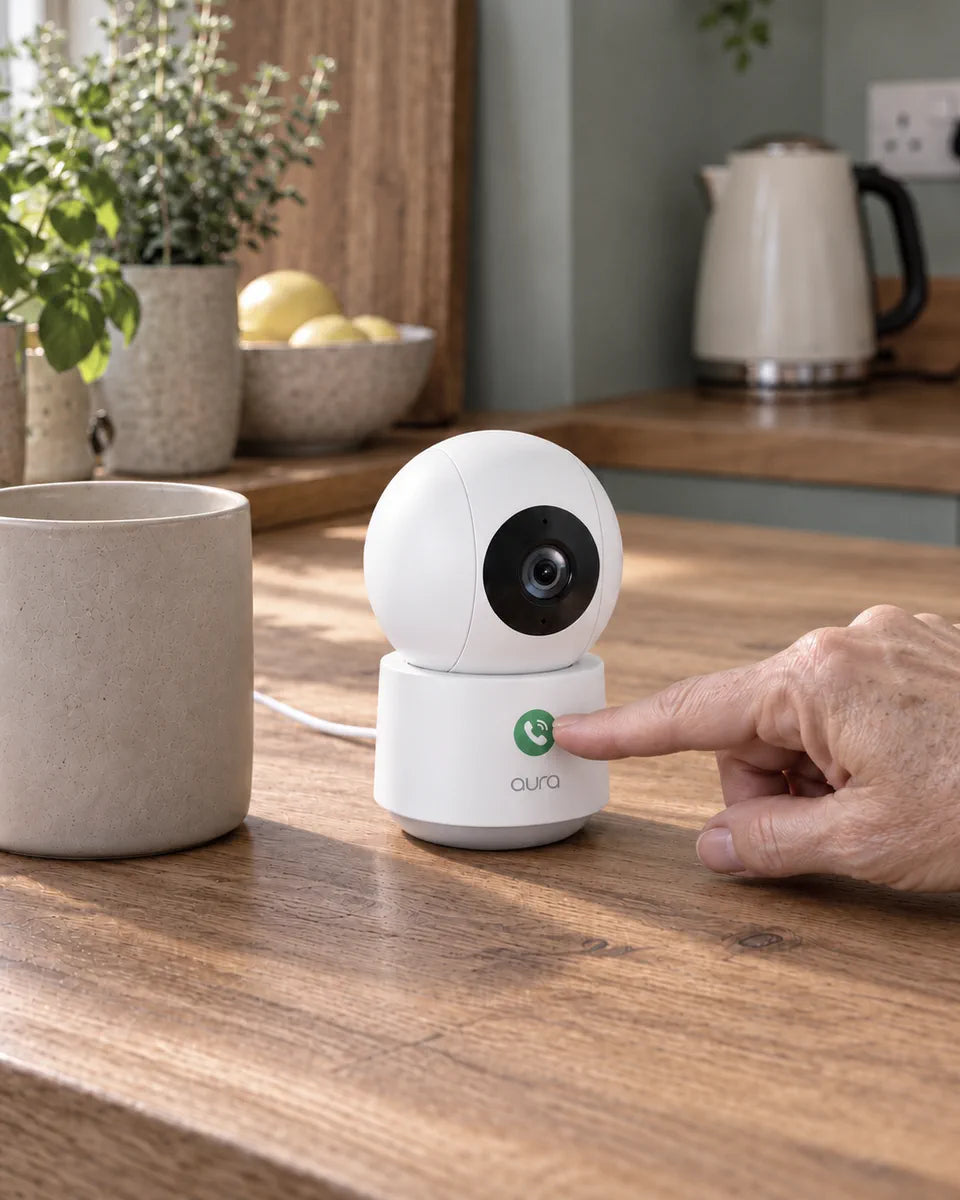 A finger pressing the call button on the indoor camera P1 2K