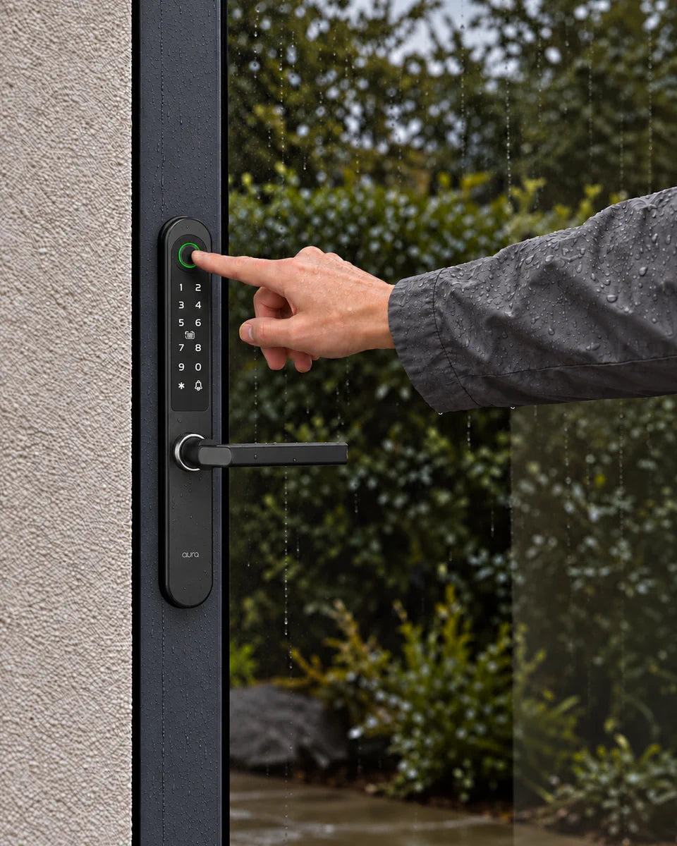 A fingertip on the reader of the slim smart lock in the rain