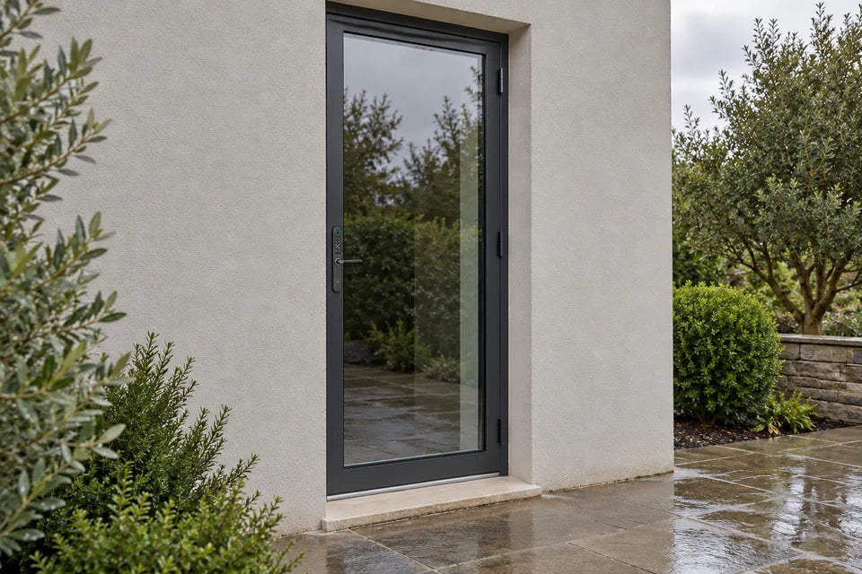 Slim smart lock on the narrow frame of a grey aluminium garden door after rain