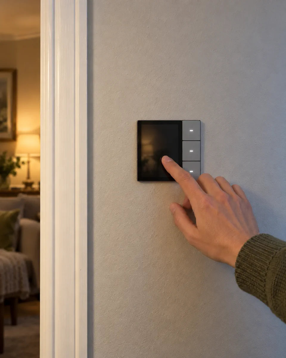 A finger on the 3.5″ smart control panel