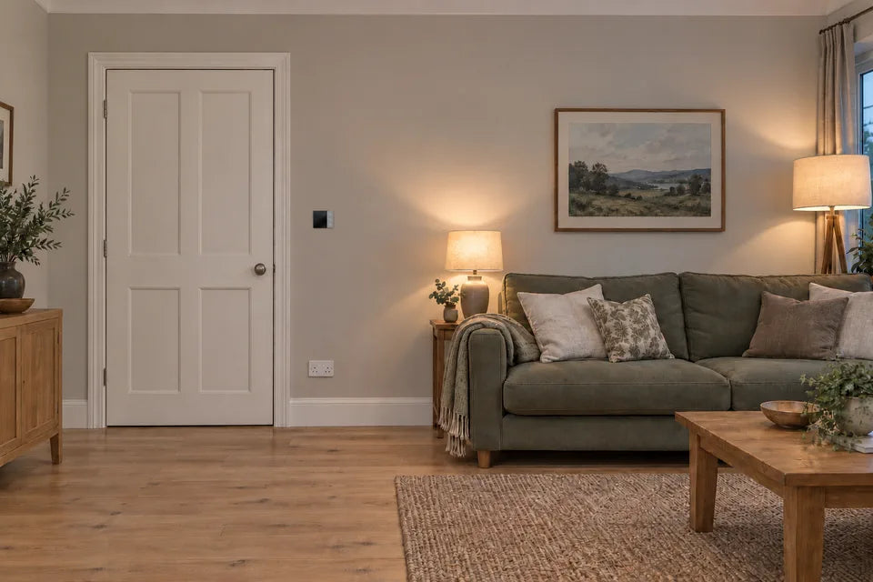 A living room with the 3.5″ panel on the wall by the door