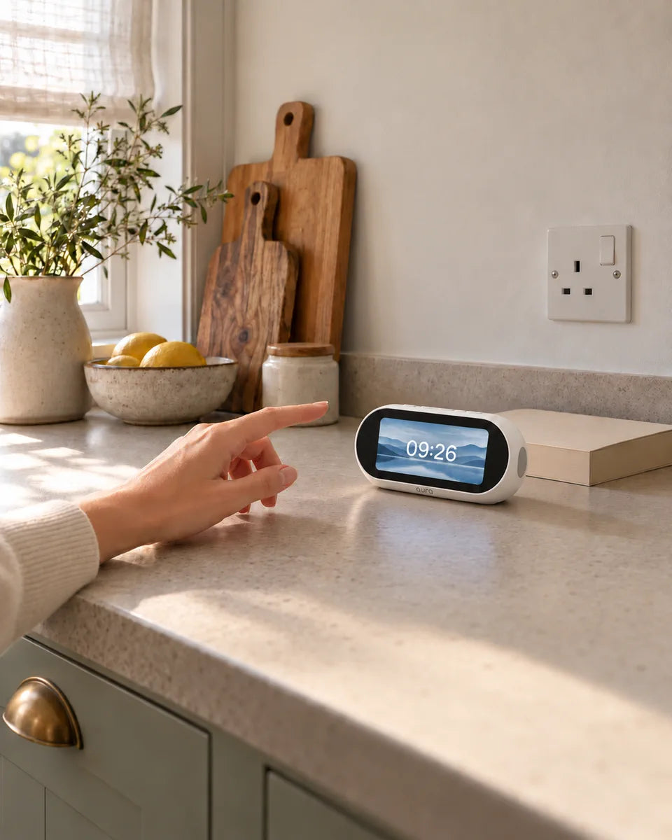 A hand reaches for the 5″ desktop panel on a kitchen worktop as its screen wakes