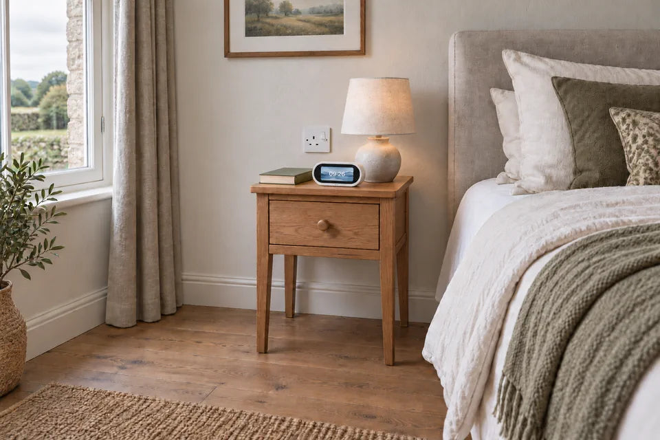The 5″ desktop panel on a bedside table beside a lamp