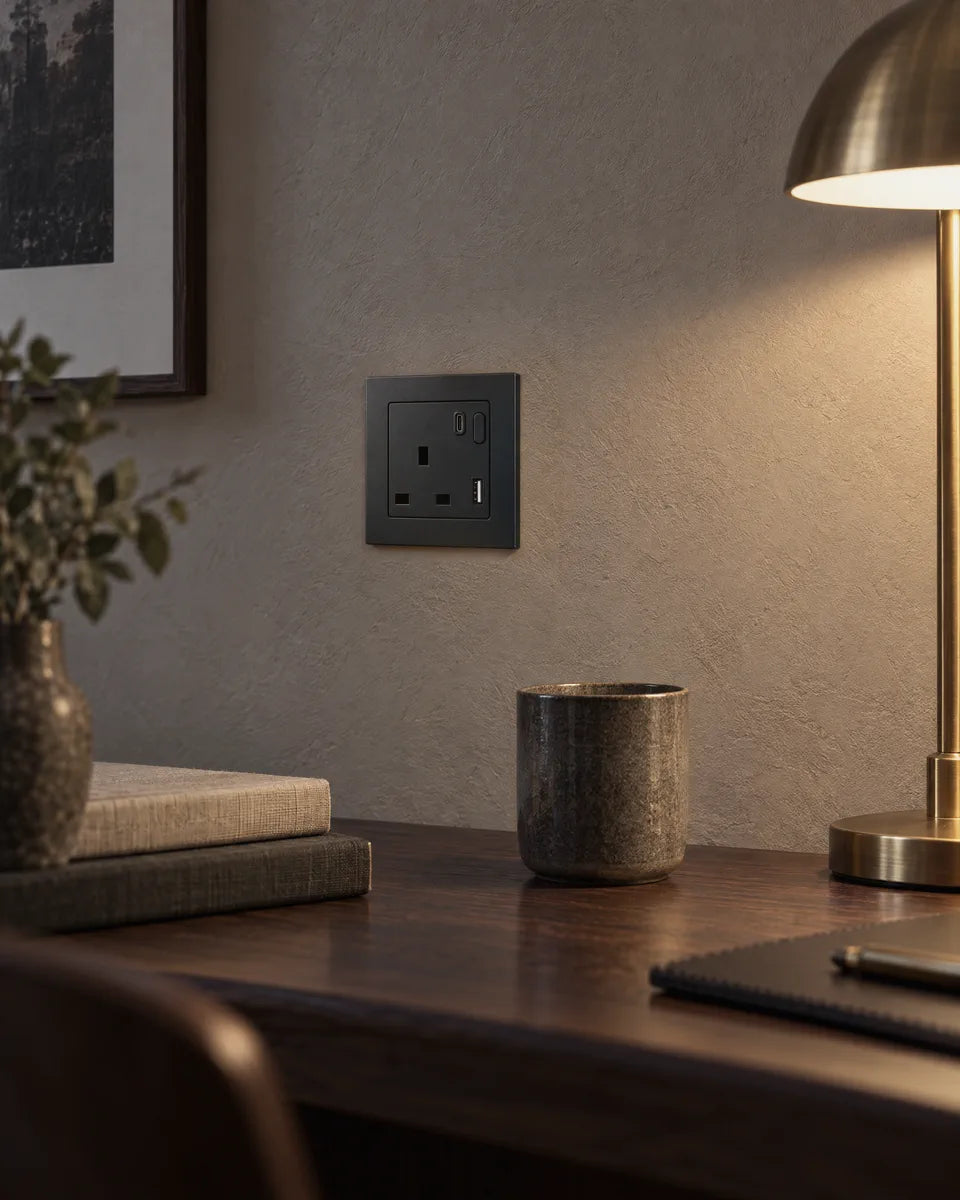 A black aluminium smart socket above a walnut desk, lit by a brass lamp