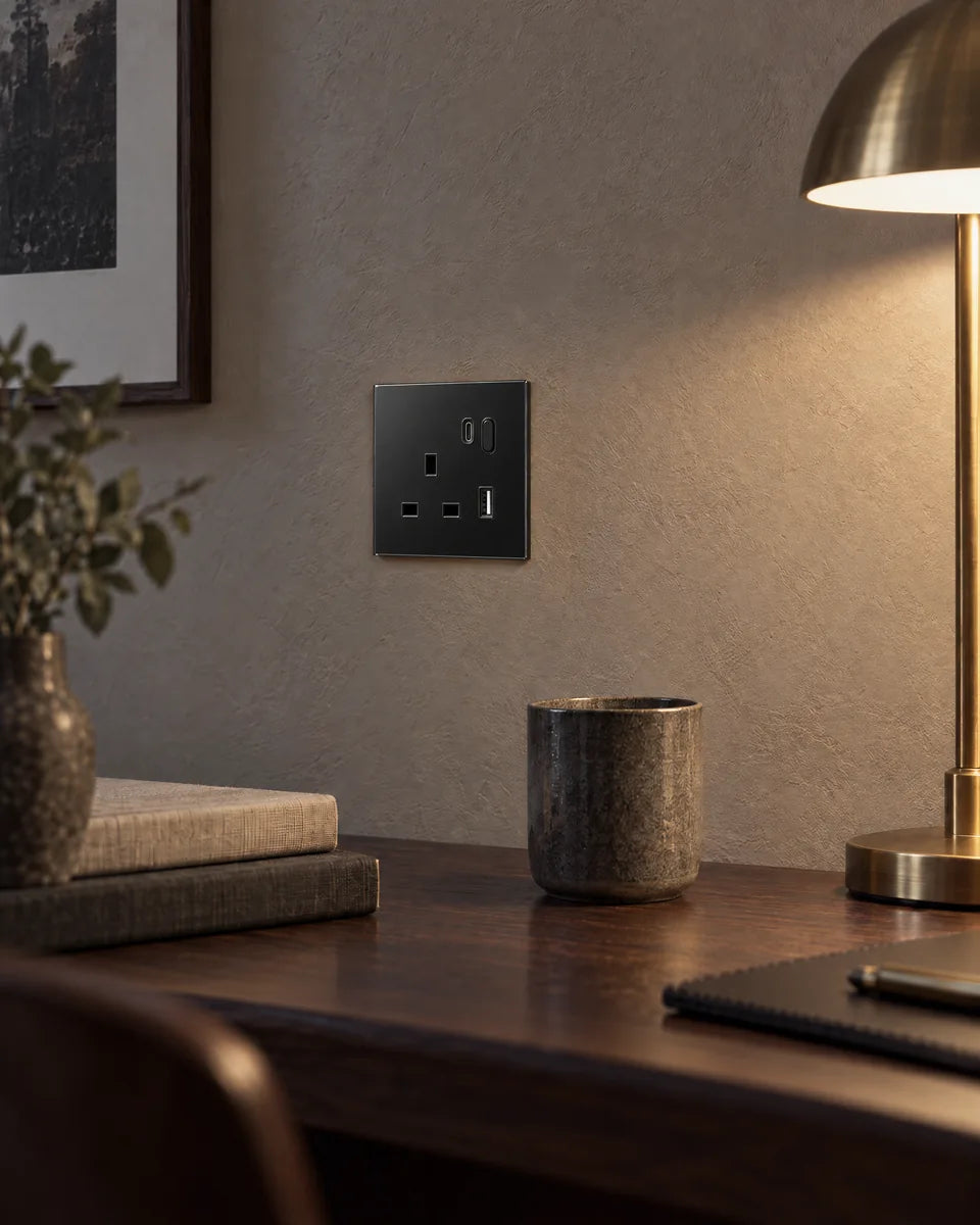 A black glass smart socket above a walnut desk, lit by a brass lamp