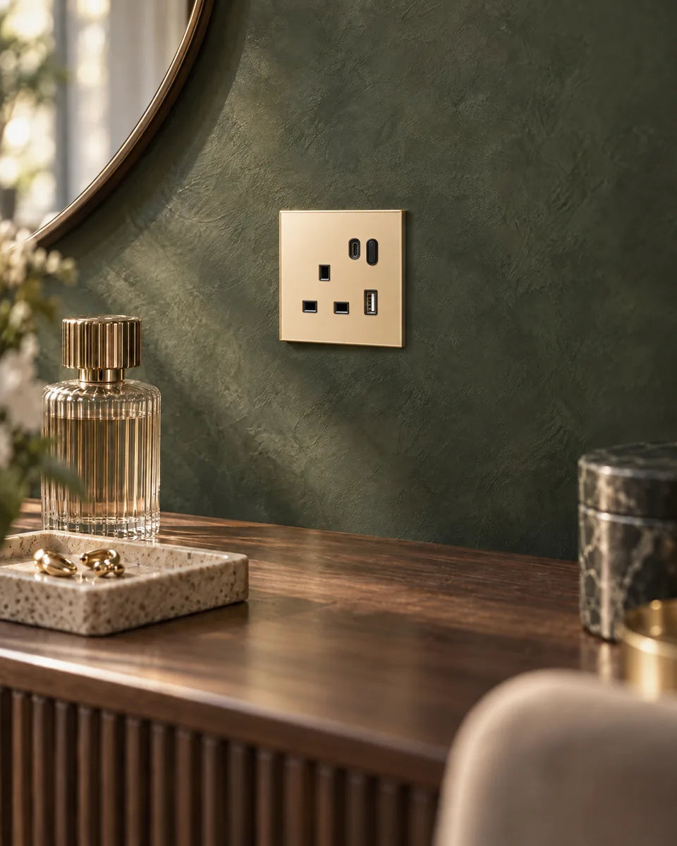 A gold glass smart socket on a deep green plaster wall above a walnut dressing table
