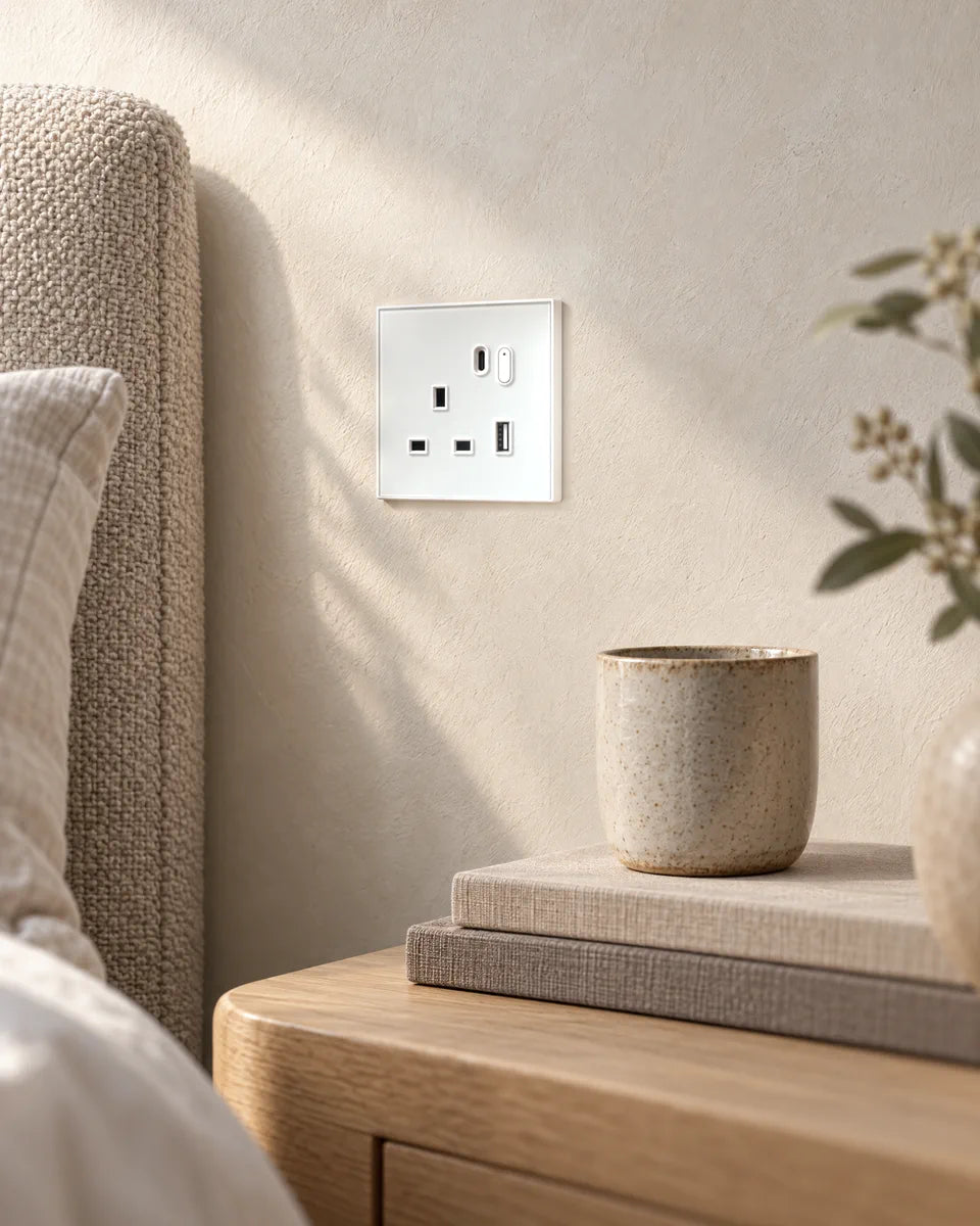 A white glass smart socket above an oak bedside table in morning light
