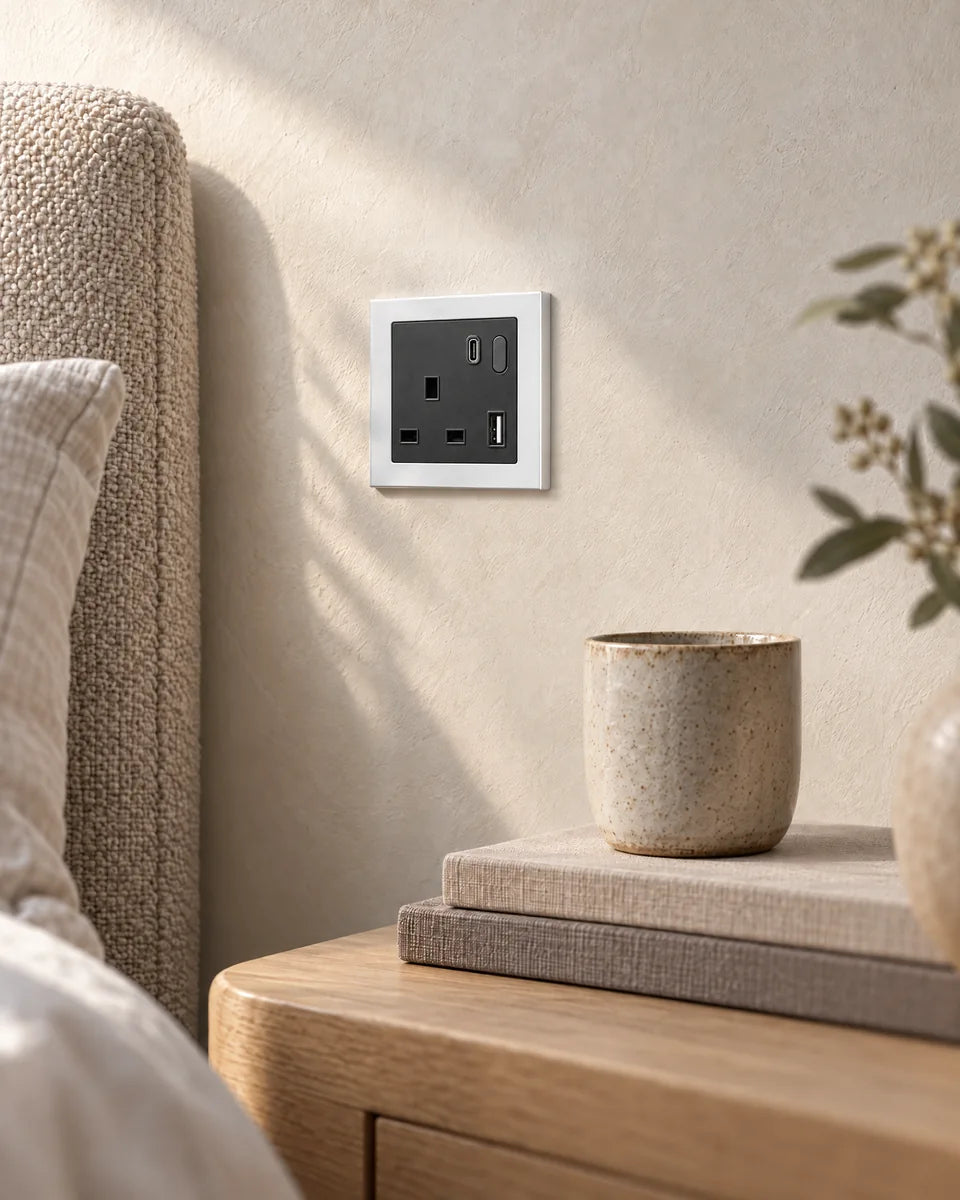 A white aluminium smart socket above an oak bedside table in morning light