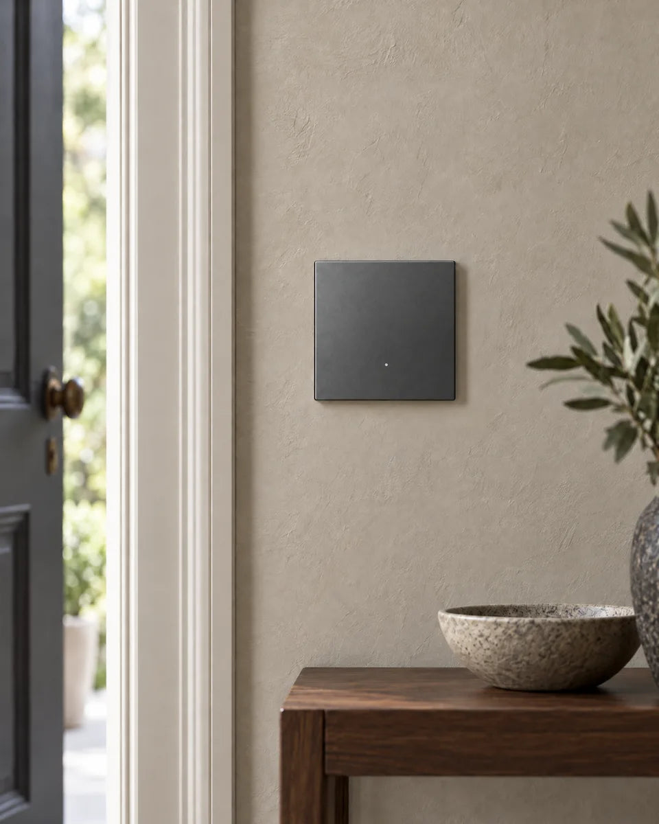 A grey aluminium 1-gang smart light switch beside the door in an entrance hall