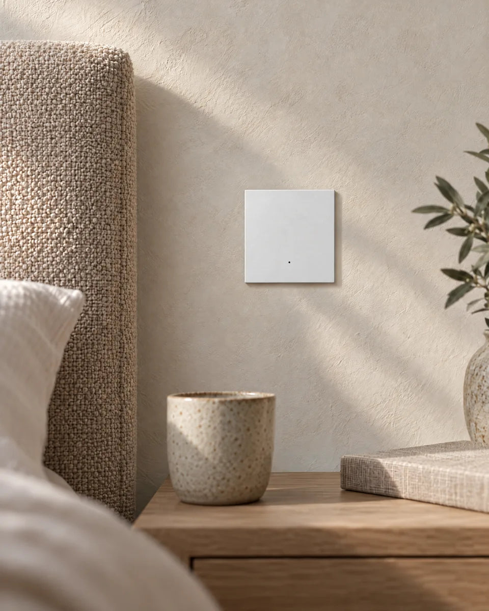 A white aluminium 1-gang smart light switch beside a bed, above an oak bedside table