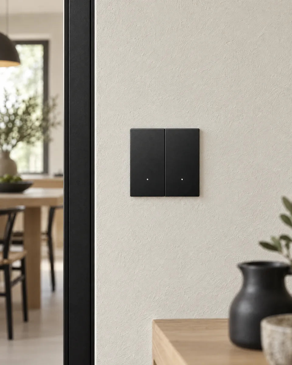 A black aluminium 2-gang smart light switch beside a black steel glazed door