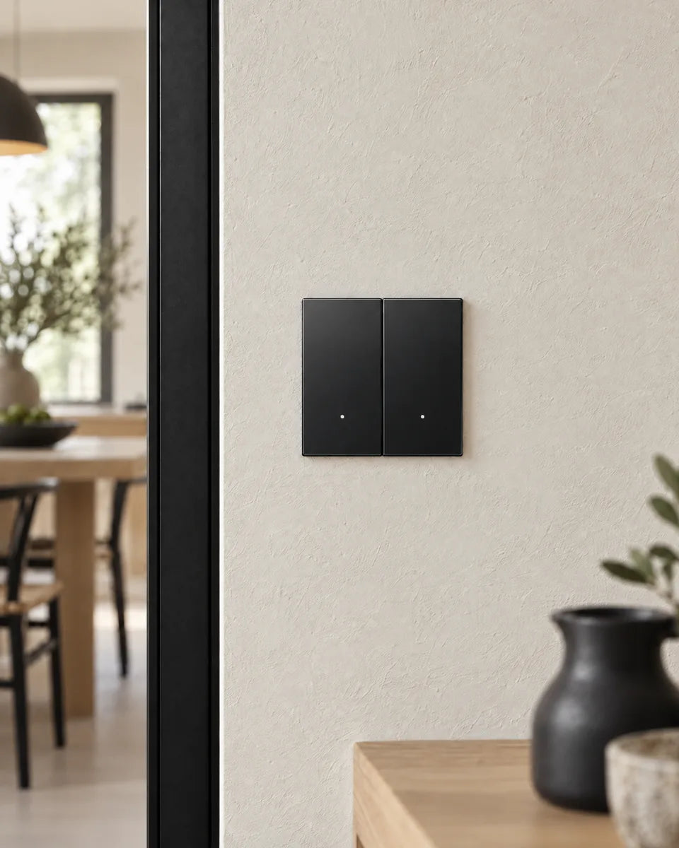 A black glass 2-gang smart light switch beside a black steel glazed door