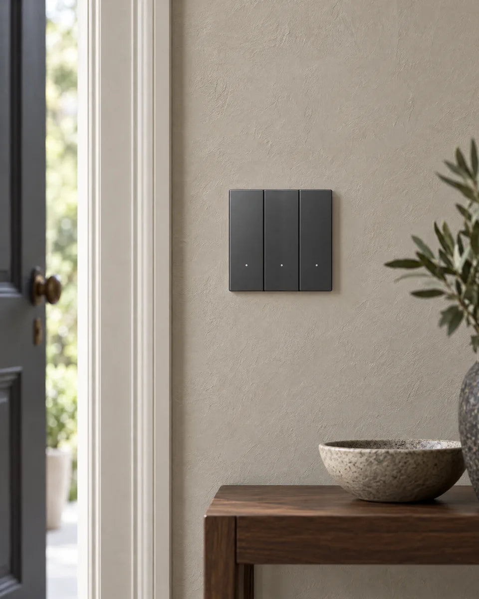A grey glass 3-gang smart light switch beside the door in an entrance hall