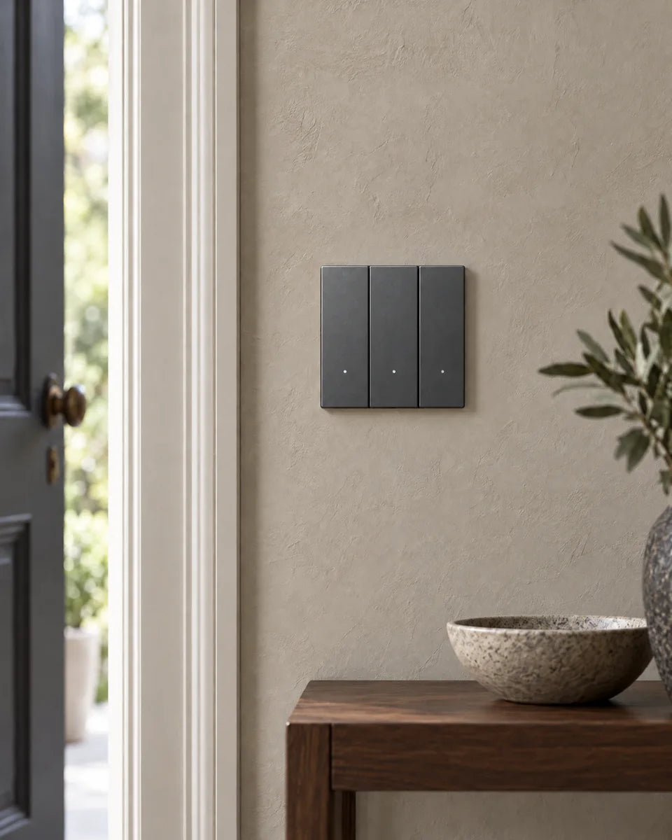 A grey aluminium 3-gang smart light switch beside the door in an entrance hall
