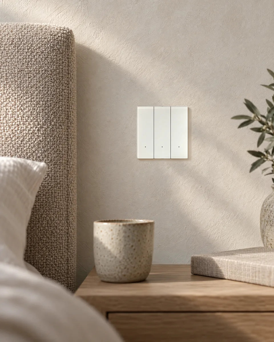 A white glass 3-gang smart light switch beside a bed, above an oak bedside table