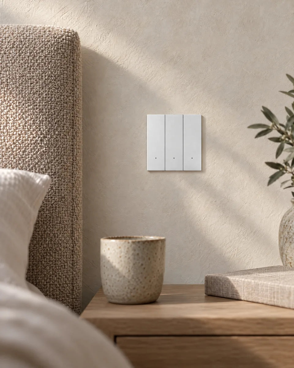 A white aluminium 3-gang smart light switch beside a bed, above an oak bedside table