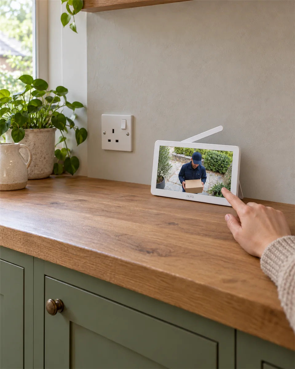 The 8″ monitor on a kitchen worktop shows a courier with a parcel at the door
